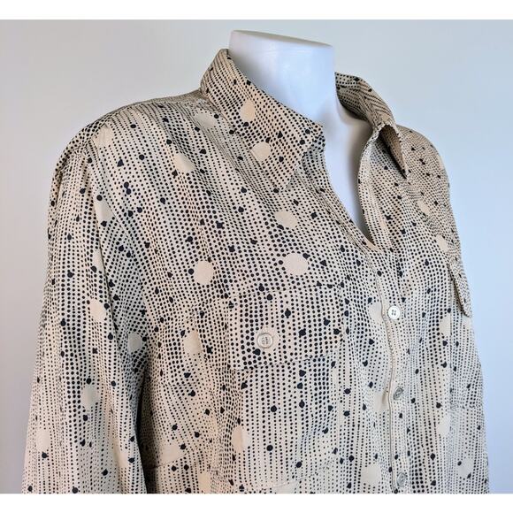 NEW NY Collection Button Blouse Roll Tab Sleeve Stretch Beige Black Dot Size 3X - Picture 3 of 10